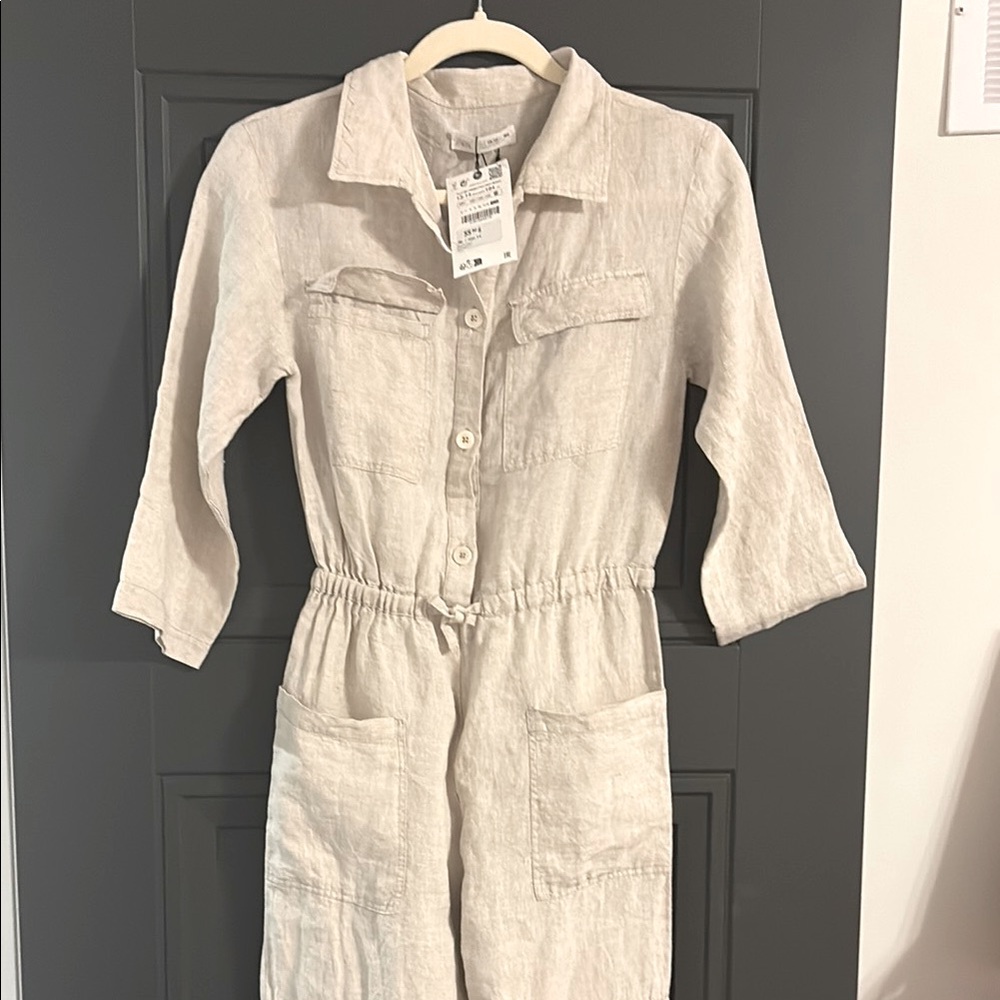 NWT Zara Girls Linen Cargo Jumpsuit Light Beige